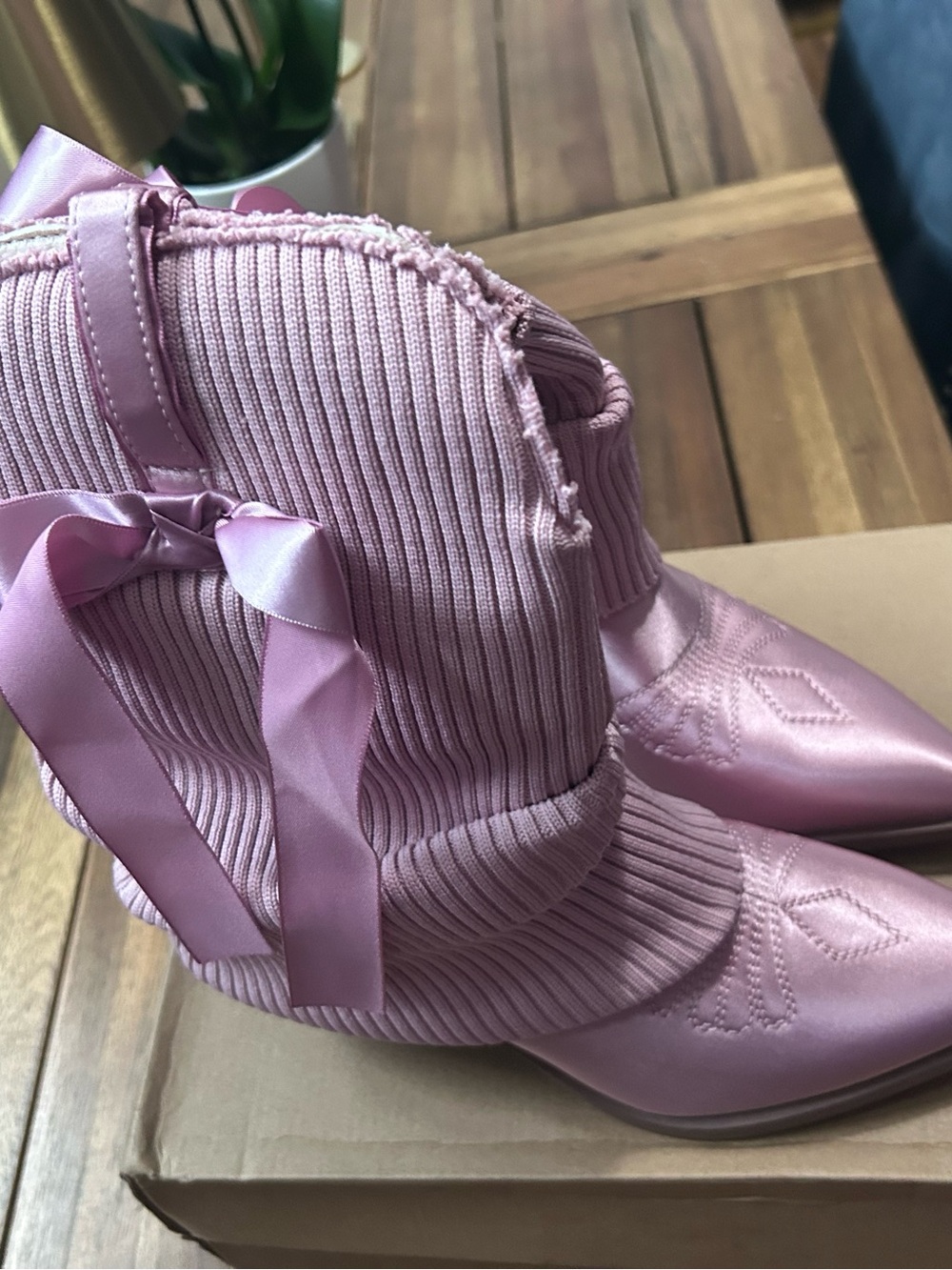 Pink Ribbed Pull-On Bootie with Ribbon Bow - Picture 3 of 4
